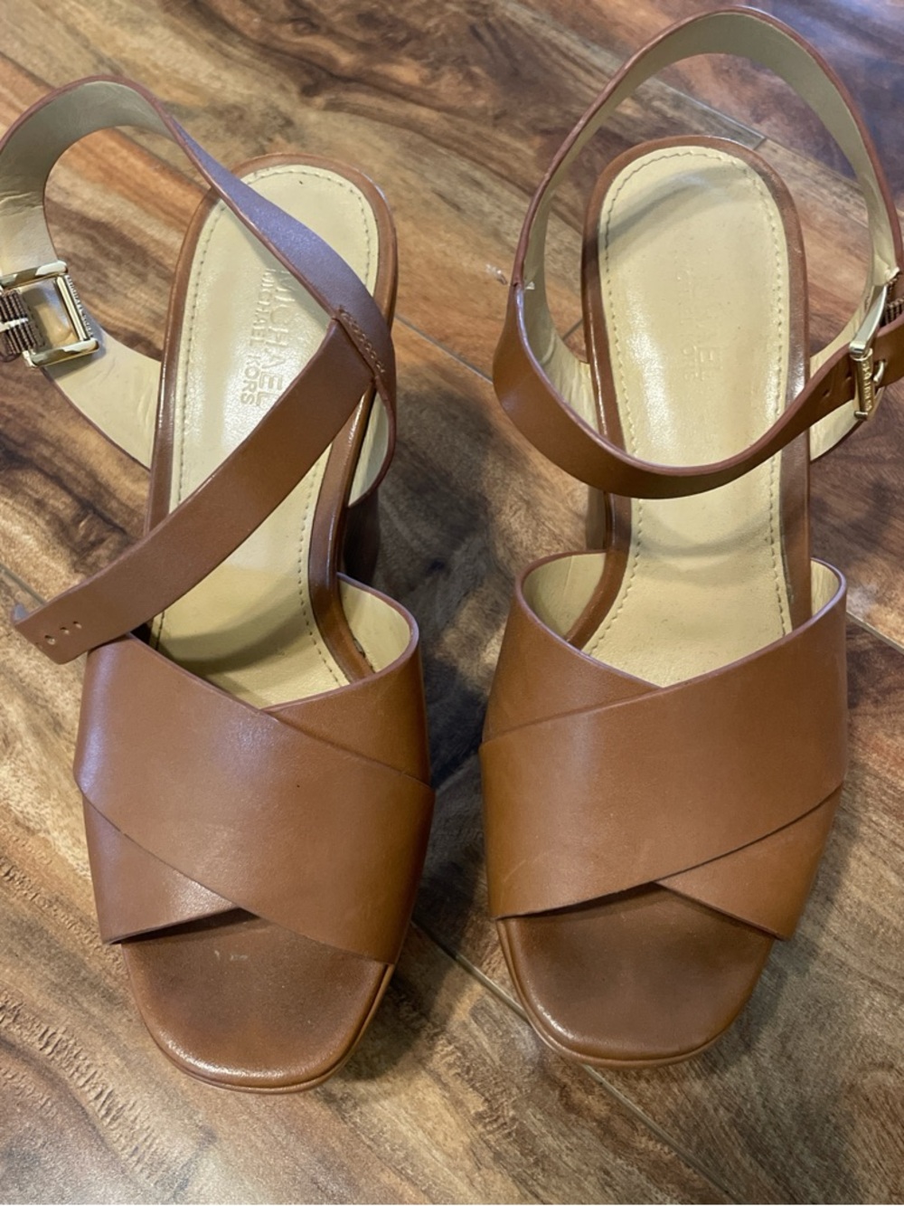 Michael Kors Brown Leather Cross-Strap Heeled Sandals
